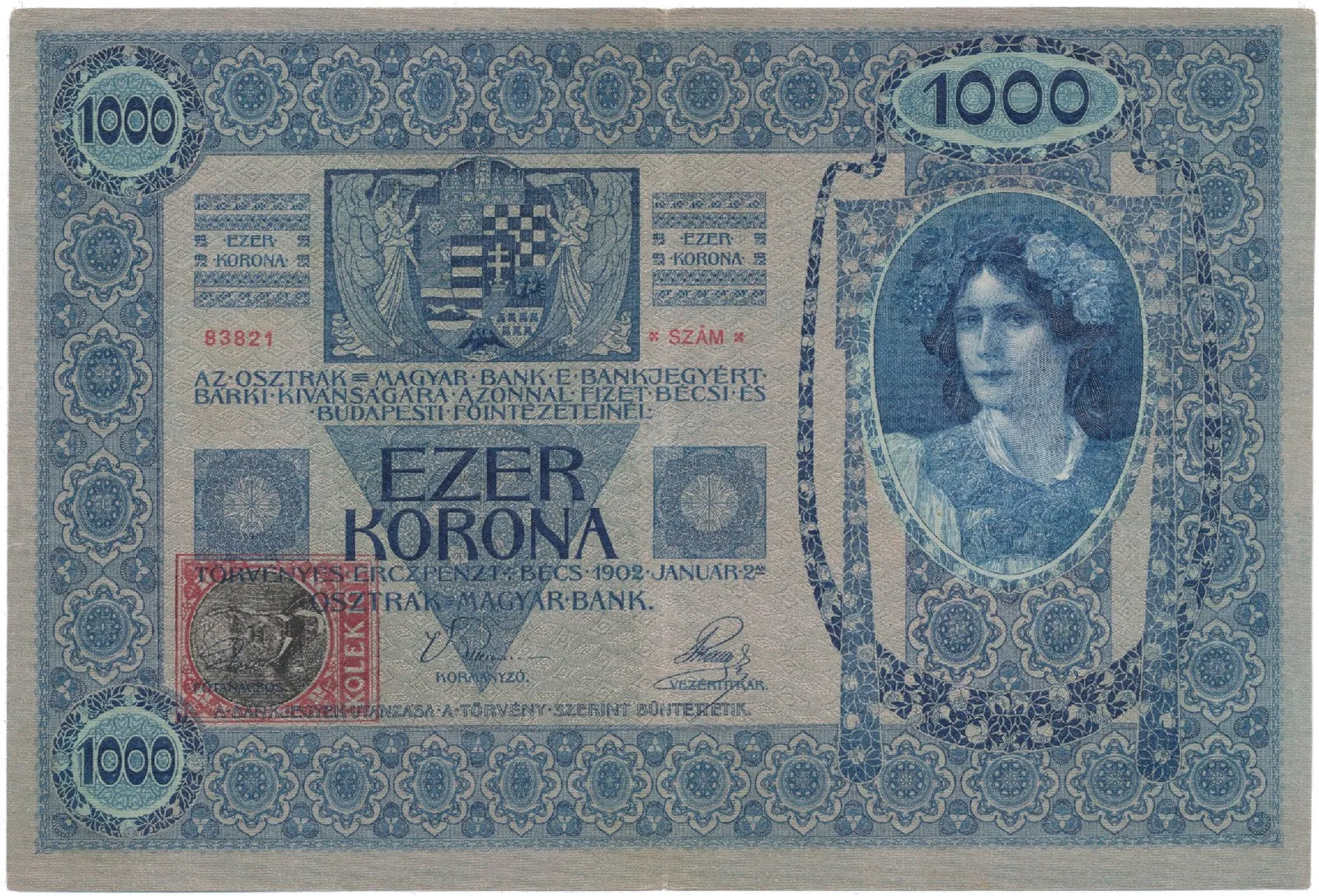 1000 Koruna 1902 (1919), šedozelený podtisk, kolkovaná, Hej.6a