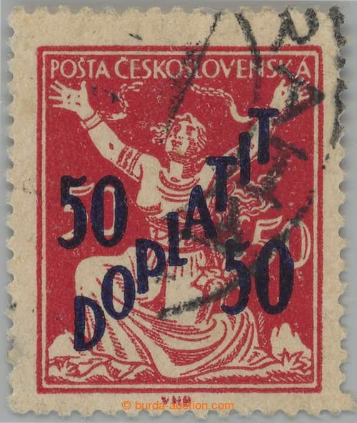 1927 Pof.DL49AX, CHYBOTISK Osvobozená republika 50/50 DOPLATIT s fragmentem denního razítka PRAHA 14; velmi pěkný exempl