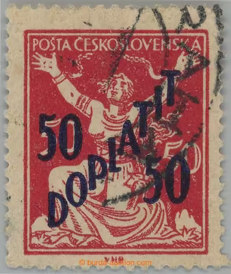 1927 Pof.DL49AX, CHYBOTISK Osvobozená republika 50/50 DOPLATIT s fragmentem denního razítka PRAHA 14; velmi pěkný exempl