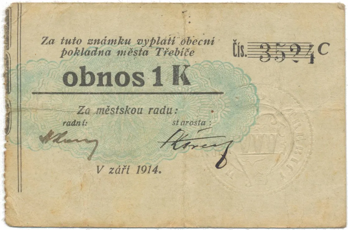 Třebíč - město, 1 K září 1914, slabší K, HH.223.5.10g2