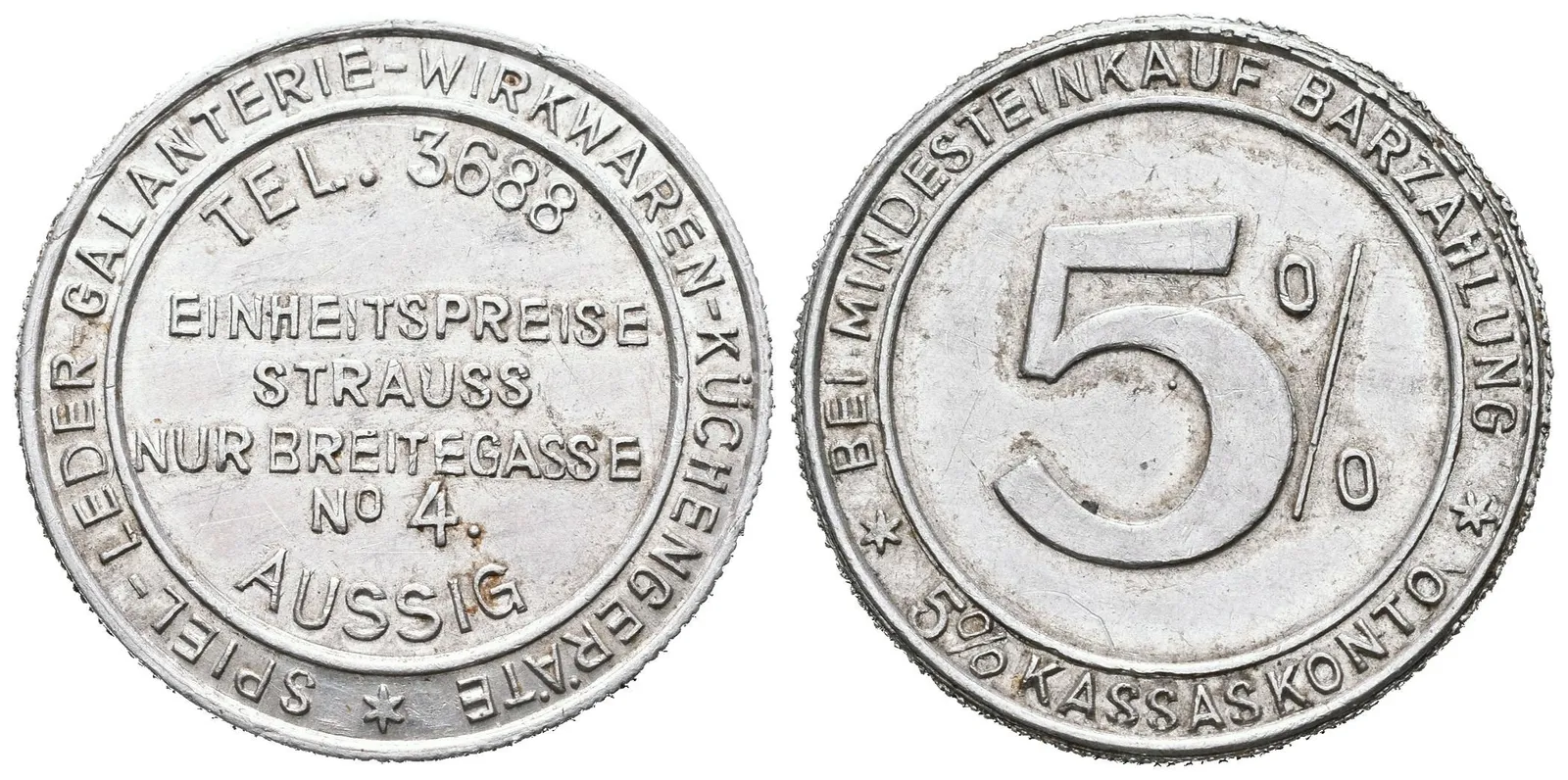 Ústí nad Labem - Reklamní žeton prodejce smíšeného zboží Strauss, — 1