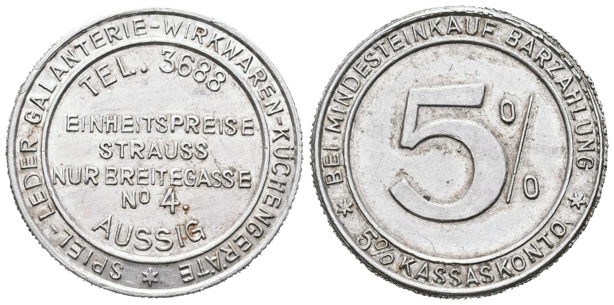 Ústí nad Labem - Reklamní žeton prodejce smíšeného zboží Strauss, — 1