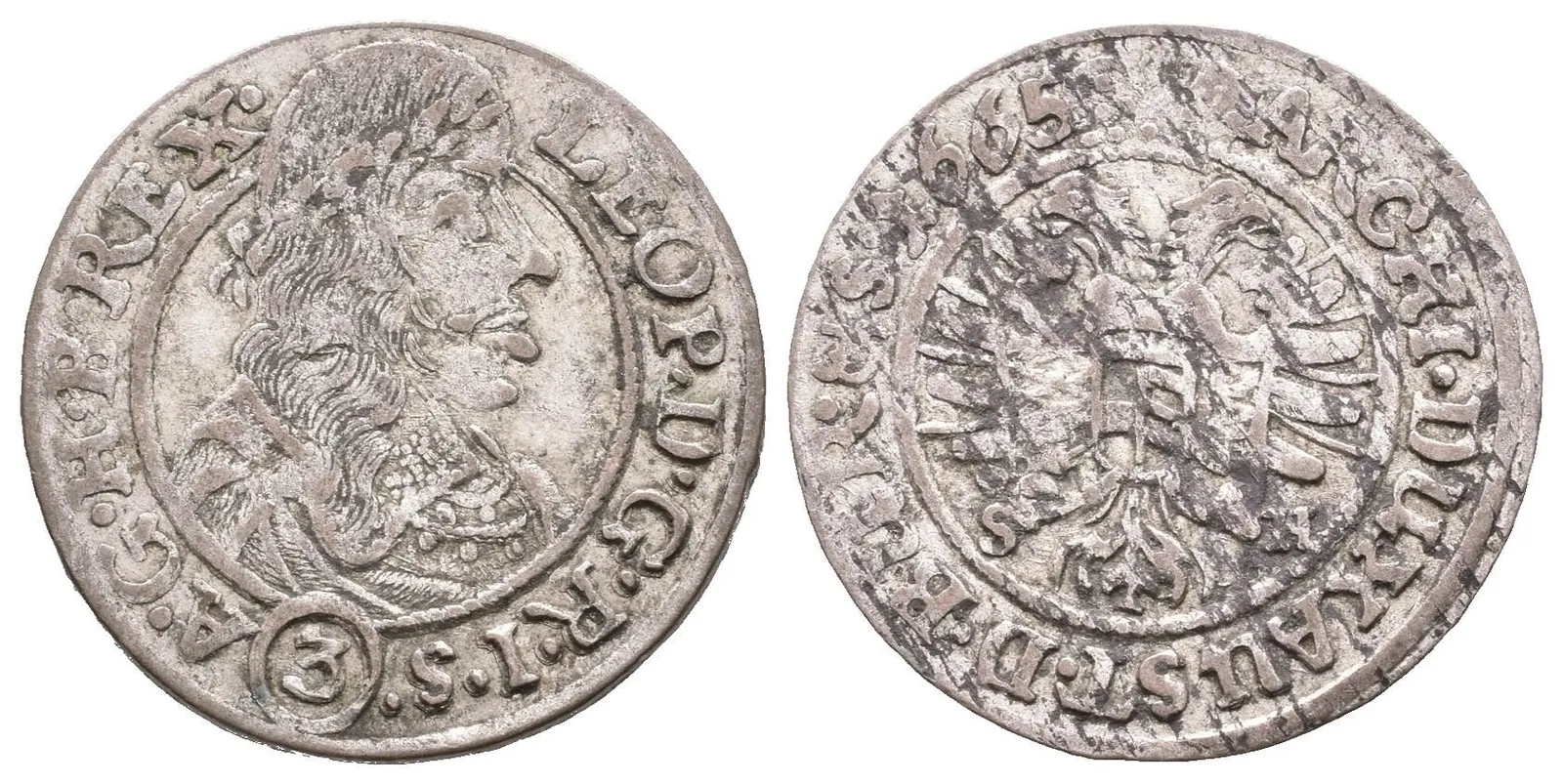 3 Krejcar 1665 SH, Vratislav-Hammerschmidt, Hal.1618, patina, vady střížku — 1