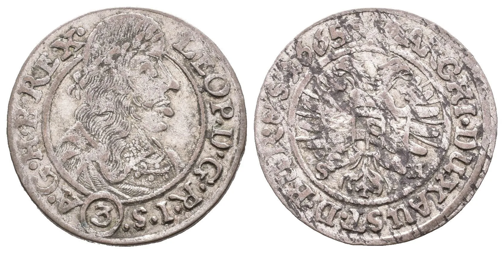 3 Krejcar 1665 SH, Vratislav-Hammerschmidt, Hal.1618, patina, vady střížku — 1