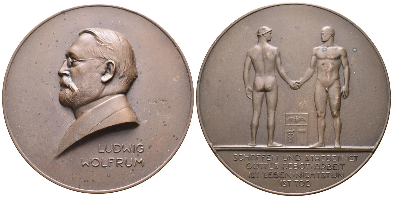 AE Medaile 1912 (Selmar Werner) - K 65. narozeninám průmyslníka Ludwiga Wolfruma, Bronz 70 mm — 1