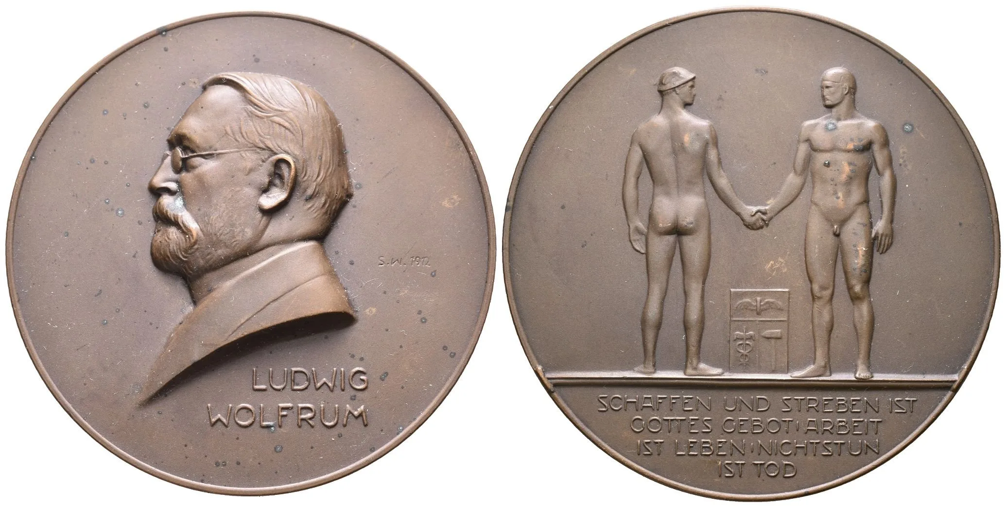 AE Medaile 1912 (Selmar Werner) - K 65. narozeninám průmyslníka Ludwiga Wolfruma, Bronz 70 mm — 1