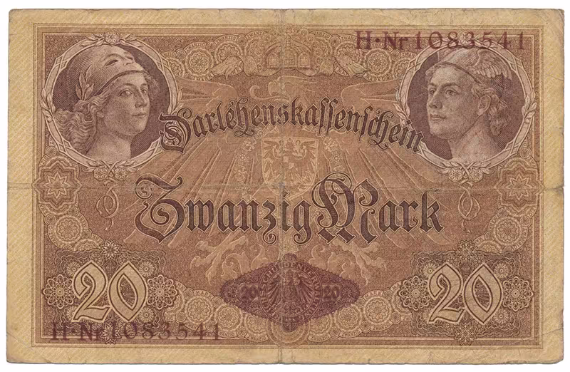 Německo, 20 Mark 1914, 7-místný číslovač, Ro.49b
