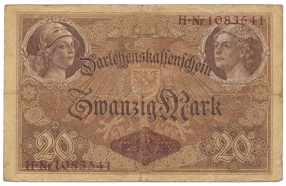Německo, 20 Mark 1914, 7-místný číslovač, Ro.49b