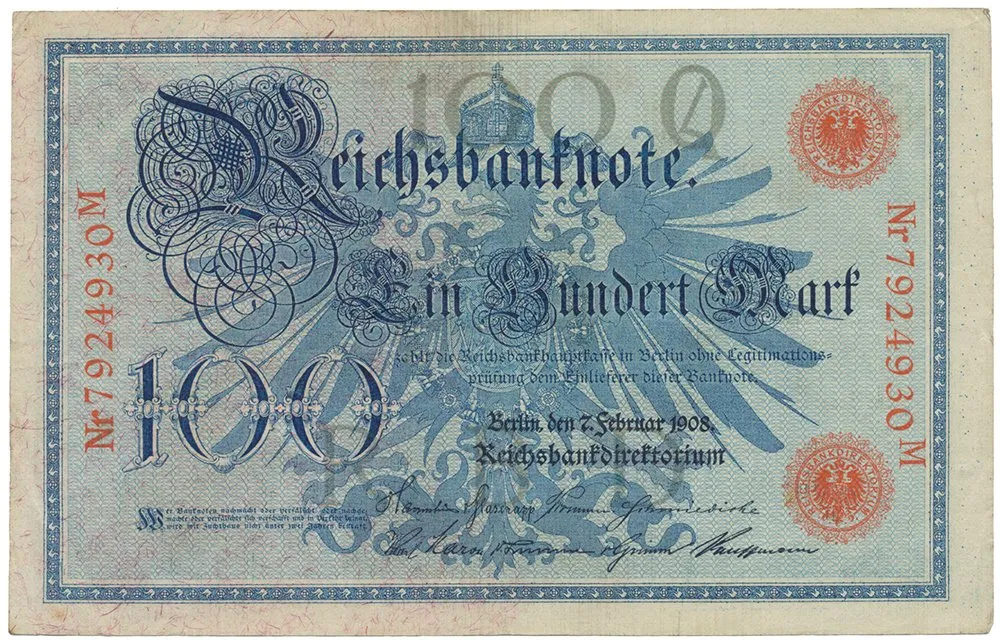 Německo, 100 Mark 1908, červený číslovač 29 mm, Ro.33b