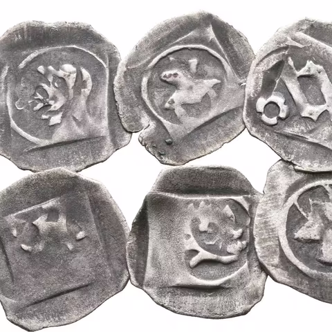 Soubor mincí - Pfennig se čtyřrázem, minc. Landshut, Rad.44-49