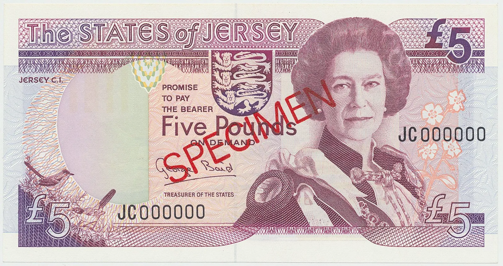Jersey, 5 Pounds (2000), bankovní vzor, přetisk SPECIMEN, P.27s