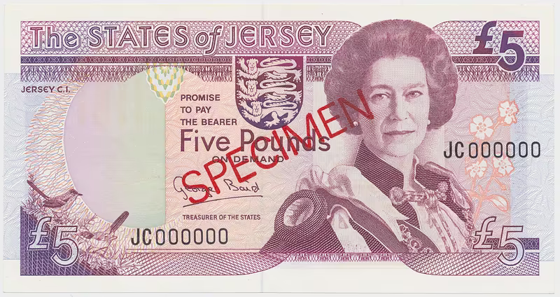 Jersey, 5 Pounds (2000), bankovní vzor, přetisk SPECIMEN, P.27s