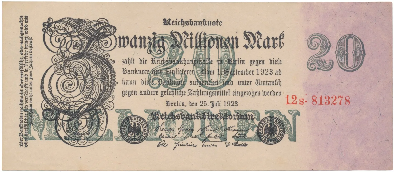Německo, 20 Millionen Mark 1923, Ro.96b