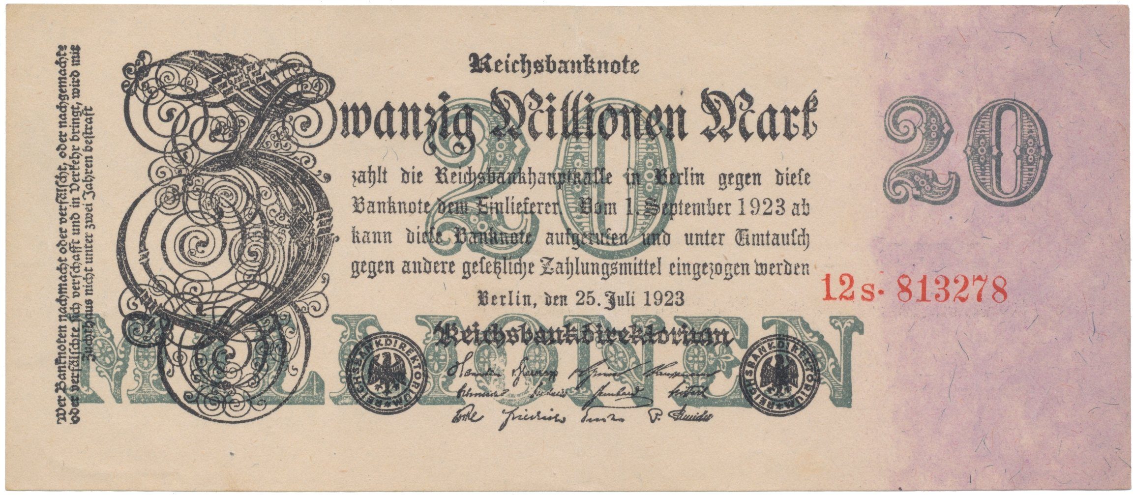 Německo, 20 Millionen Mark 1923, Ro.96b
