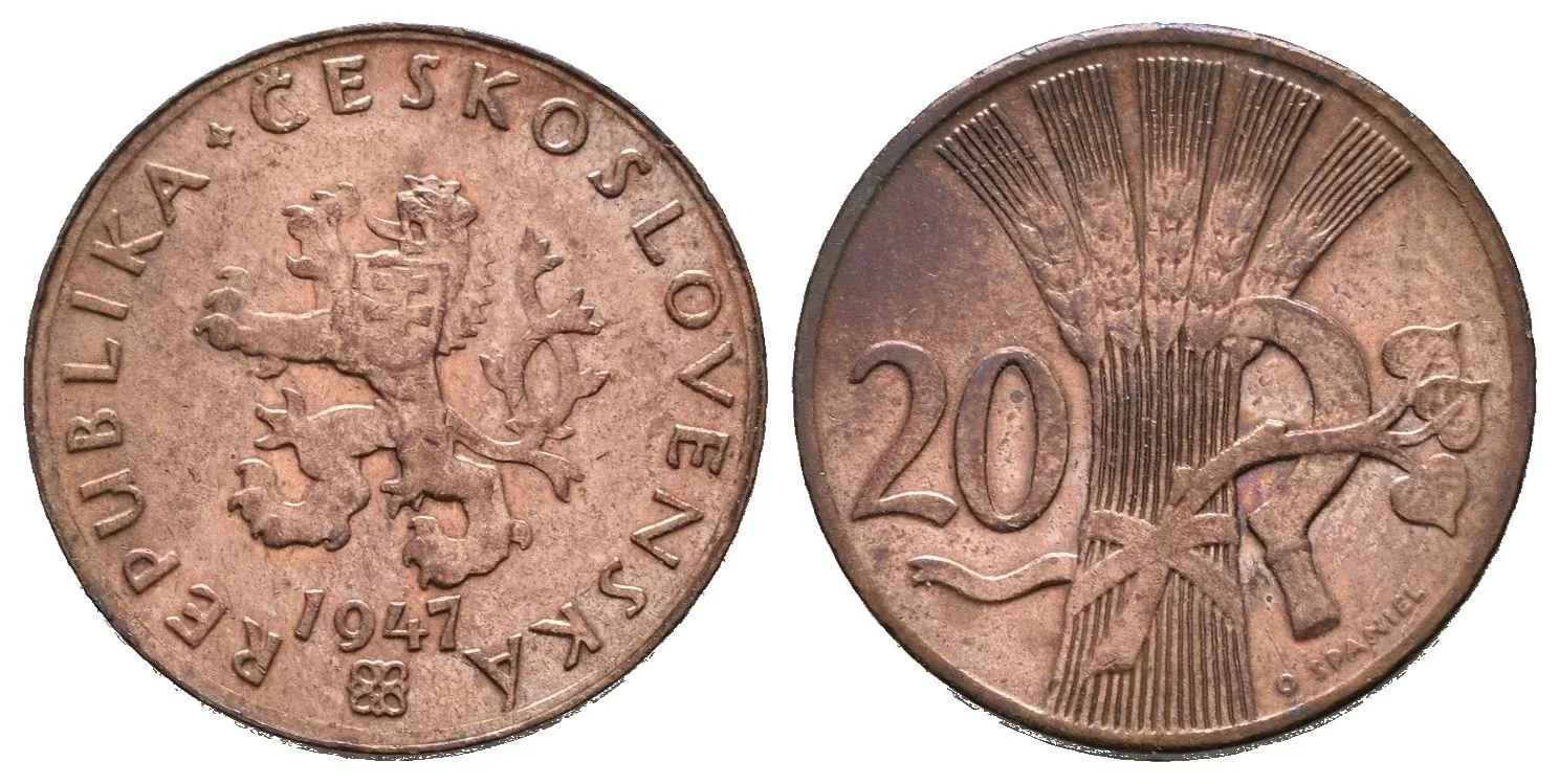 20 Haléř 1947, velmi pěkná zachovalost, lesk, patina, nep. rysky_R! — 1