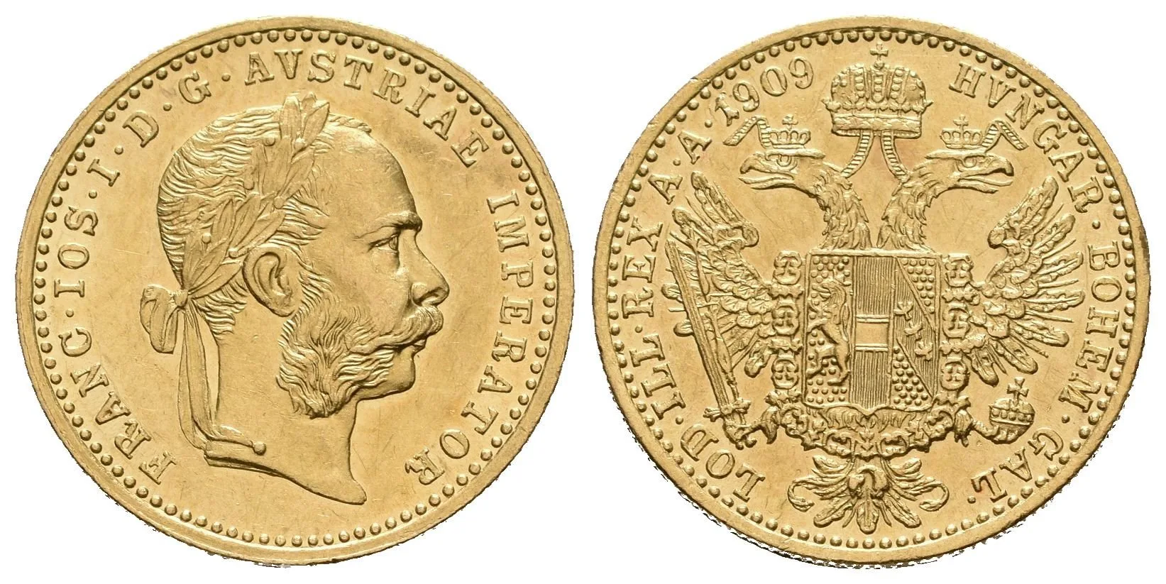 Dukát 1909, pěkná zachovalost, zbytky lesku, rysky a drobné hranky — 1