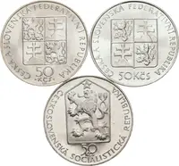 50 Kčs 1989 - Železnice Břeclav - Brno, 1990 - Anežka Česká, 1991 - parník Bohemia_3 ks — 2