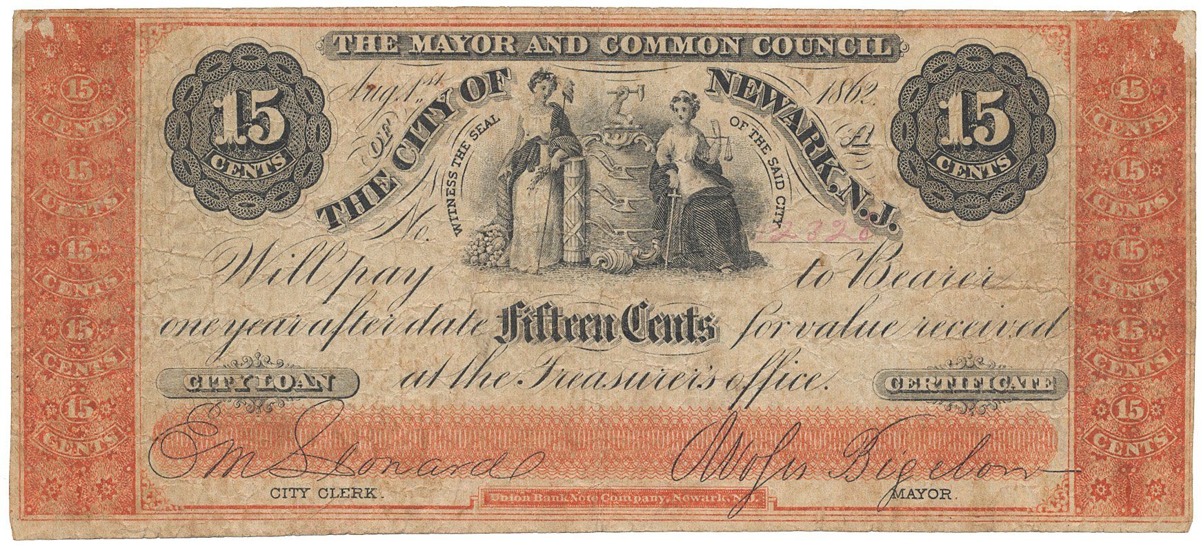 USA, New Jersey, Newark, 15 Cents 1. 8. 1862