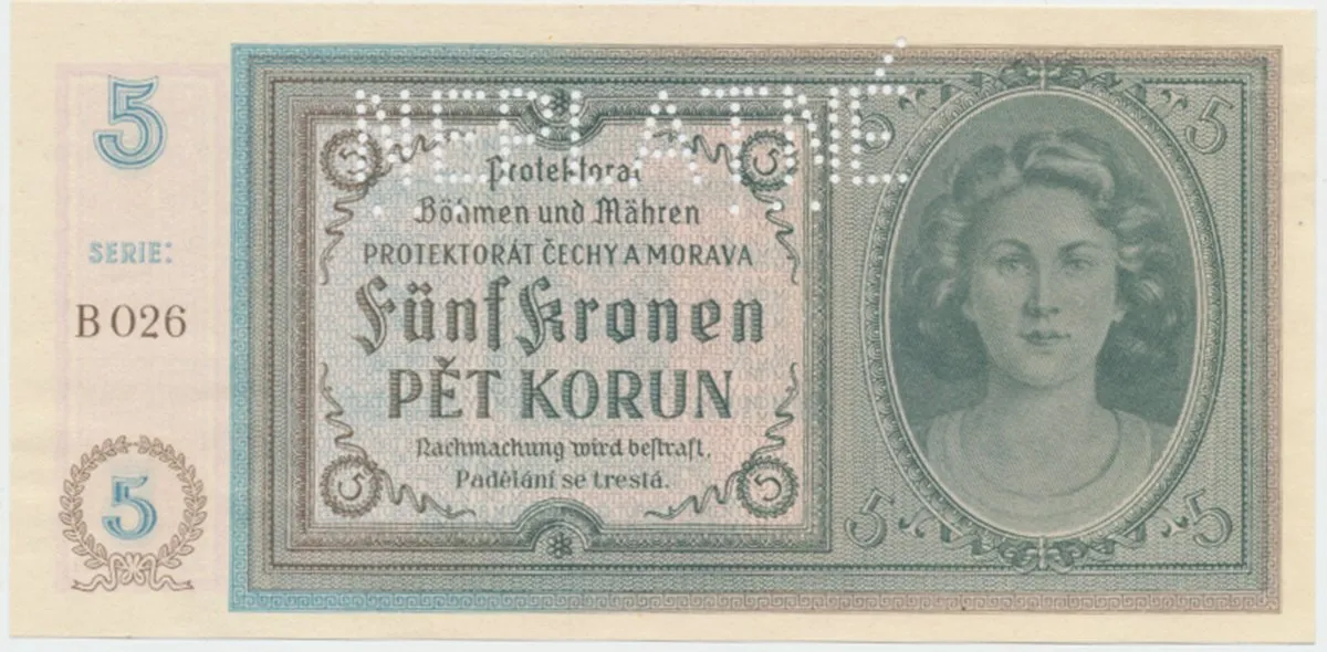 Protektorát Čechy a Morava, 5 Koruna b.d. (1940), tisk TB NBČM, série B, perf. NEPLATNÉ, Hej.31aB.S2