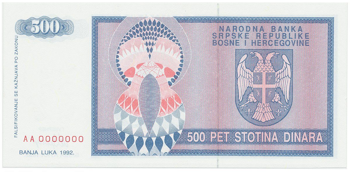 Bosna a Hercegovina, 500 Dinara 1992, anulát, AA 0000000, P.136