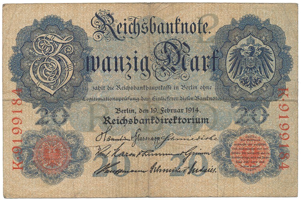 Německo, 20 Mark 1914, 7-místný číslovač, Ro.47b