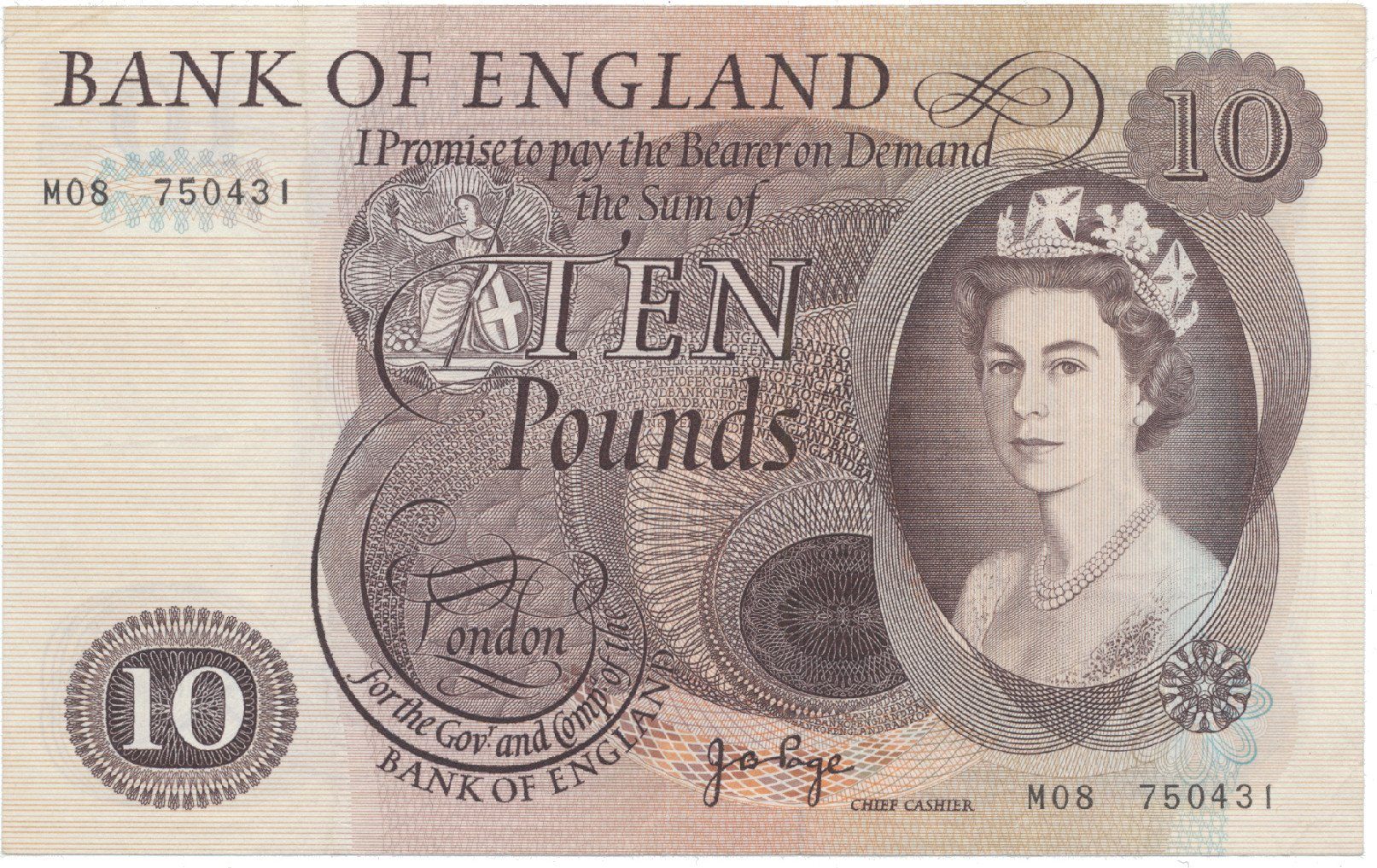 Velká Británie, 10 Pounds (1970~1975), Page, náhradní série M 08, P.376r