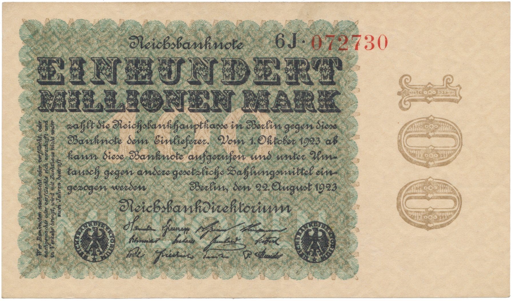 Německo, 100 Millionen Mark 1923, Kreuzblütten, Ro.106h