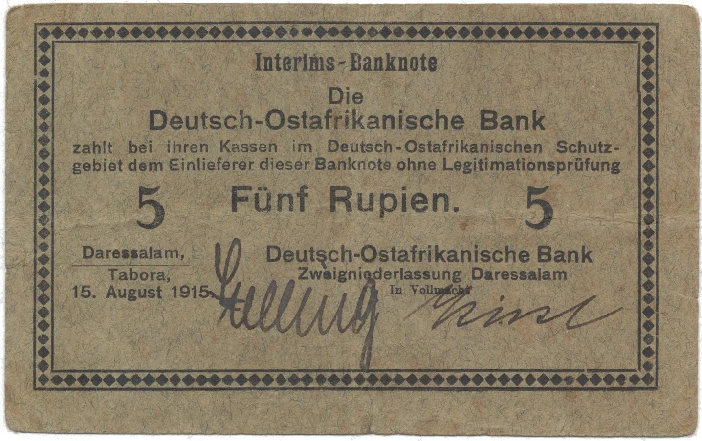 Německá Východní Afrika, 5 Rupien 15. 8. 1915, série C, R.910i