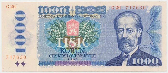 Československo, 1000 Koruna 1985, série C, úzké sériové číslo, Hej.106a