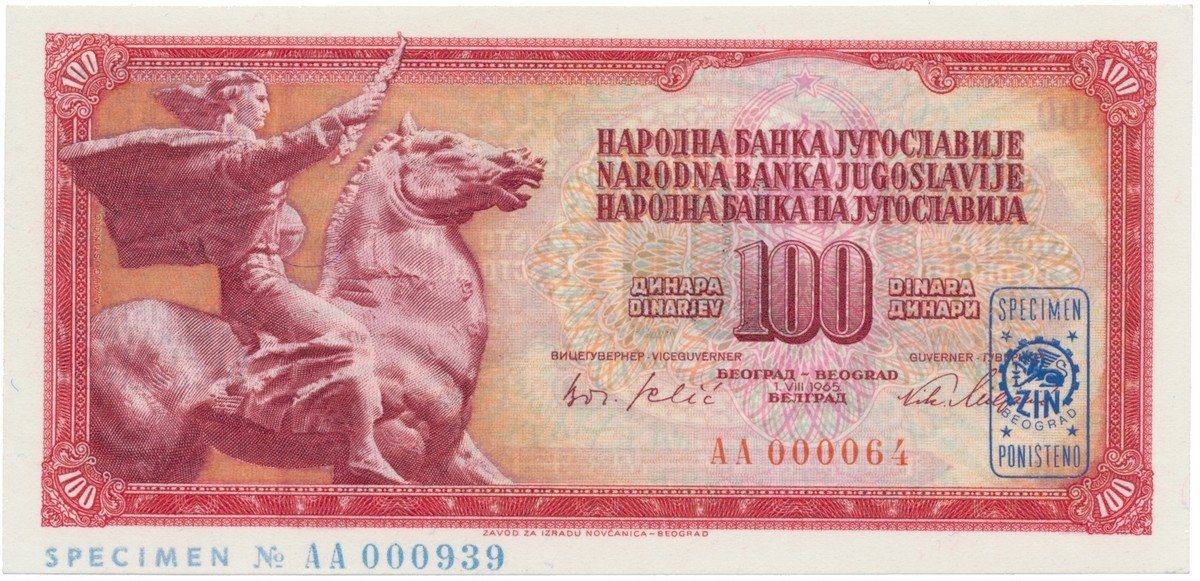 Jugoslávie, 100 Dinara 1965, anulát - SPECIMEN, P.80s