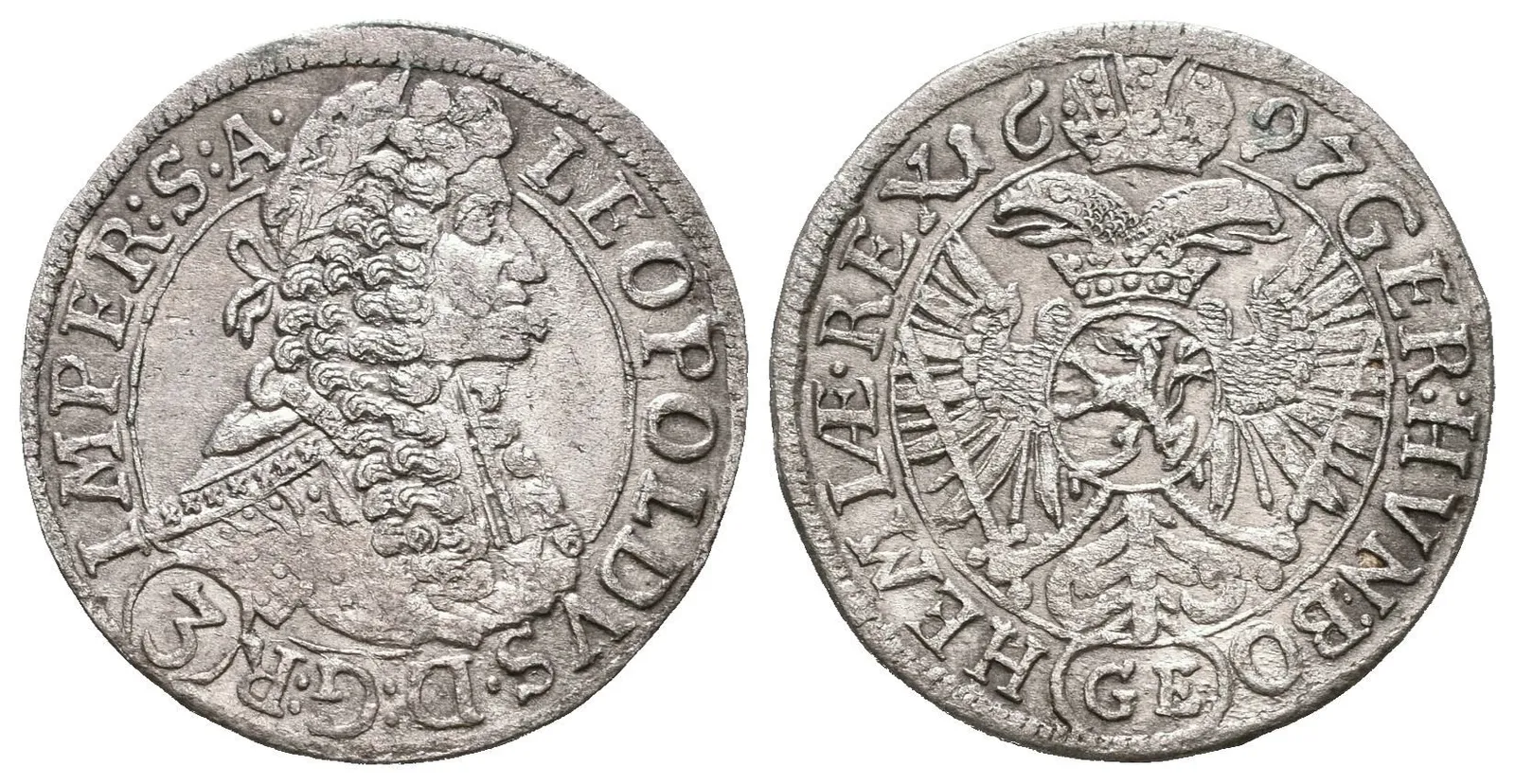 3 Krejcar 1697 GE, Praha-Egerer, Hal.1425, patina, rysky — 1