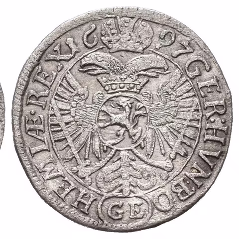 3 Krejcar 1697 GE, Praha-Egerer, Hal.1425, patina, rysky