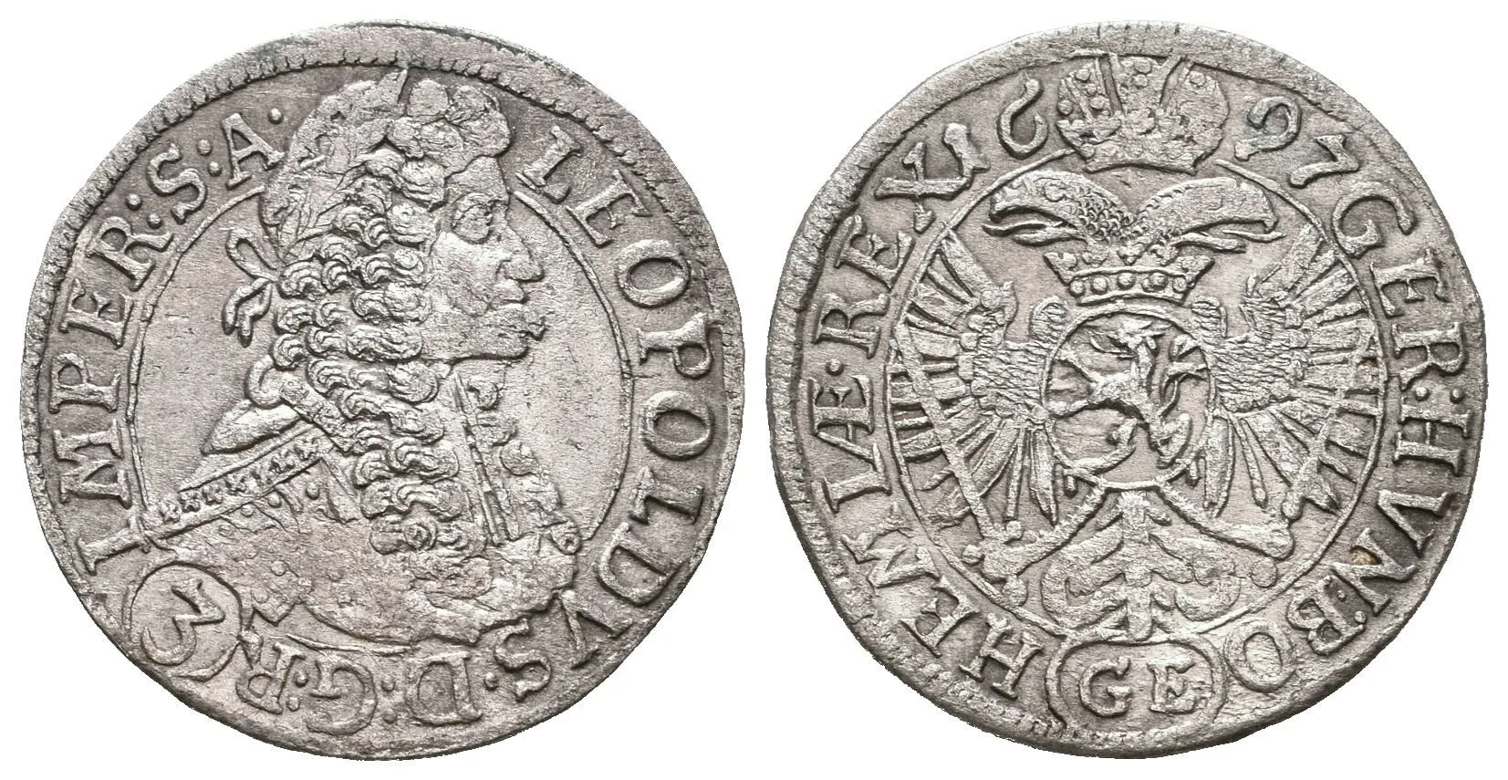 3 Krejcar 1697 GE, Praha-Egerer, Hal.1425, patina, rysky — 1
