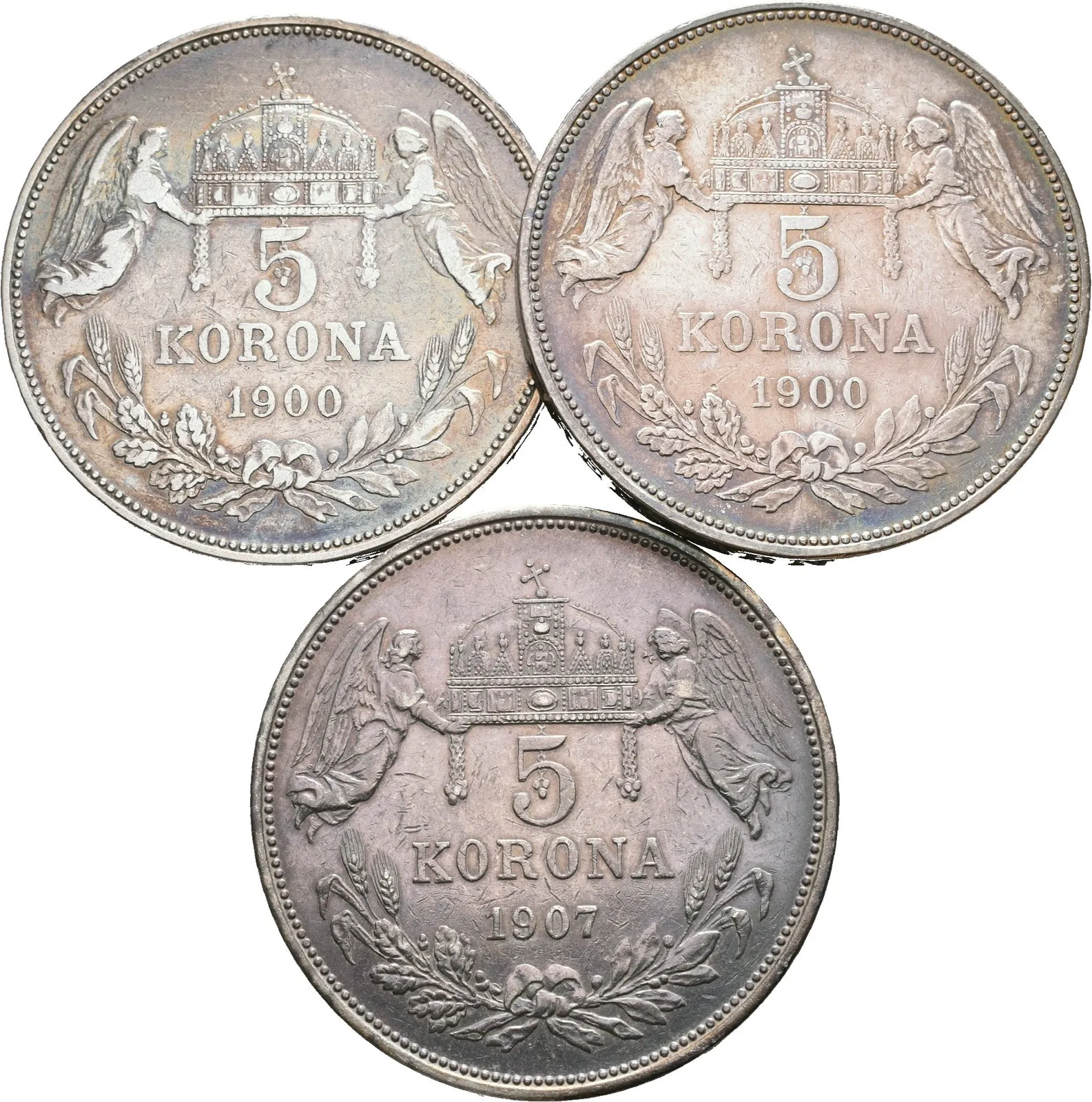 5 Koruna 1900 KB (2x), 1907 KB, pěkná patina, oběhové zachovalosti, — 1