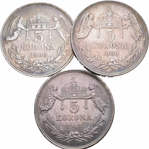 5 Koruna 1900 KB (2x), 1907 KB, pěkná patina, oběhové zachovalosti,