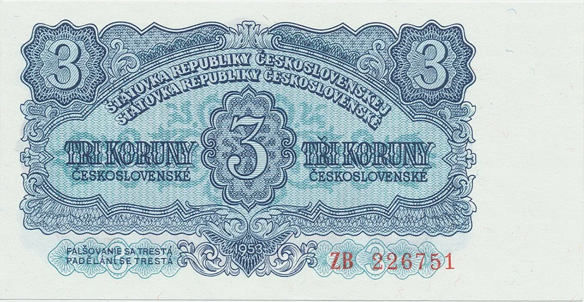 Československo, 3 Koruna 1953, tisk Moskva, náhradní série ZB, Hej.90a2