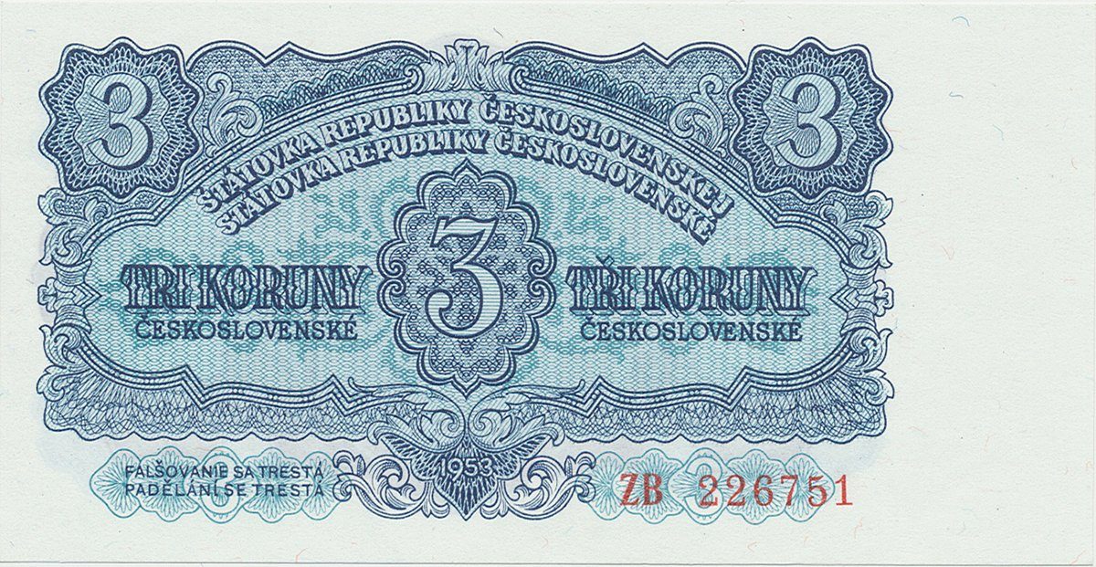 Československo, 3 Koruna 1953, tisk Moskva, náhradní série ZB, Hej.90a2