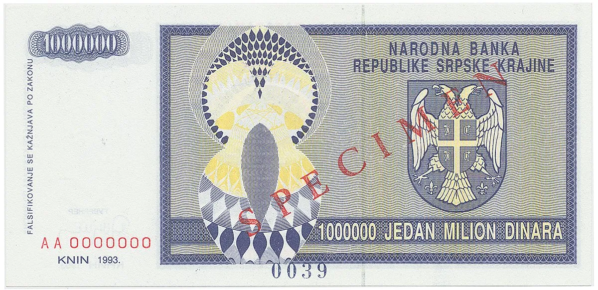 Chorvatsko - Srbská Krajina, 1.000.000 Dinara 1993, bankovní vzor, AA 0000000, přet. SPECIMEN, P.R10s