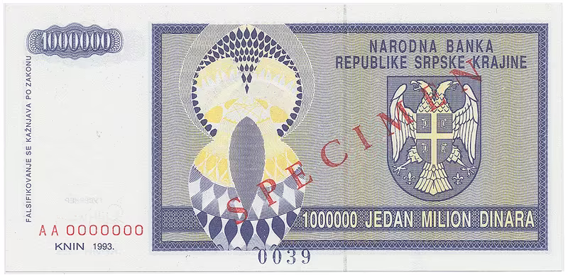 Chorvatsko - Srbská Krajina, 1.000.000 Dinara 1993, bankovní vzor, AA 0000000, přet. SPECIMEN, P.R10s