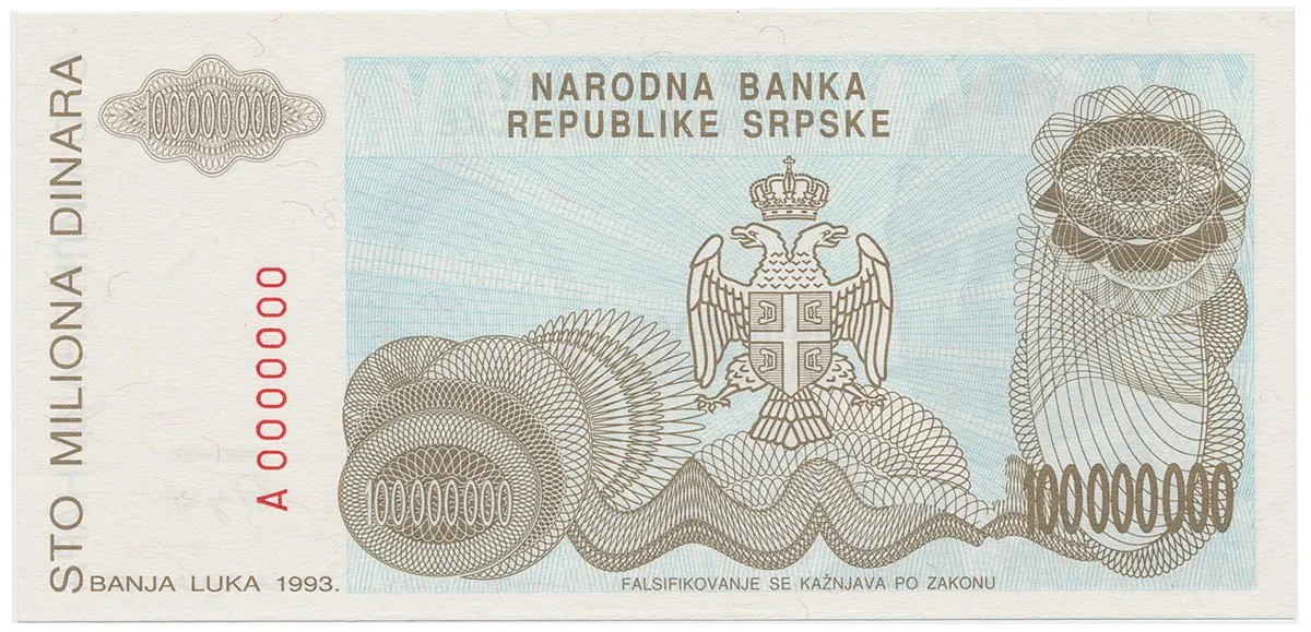 Bosna a Hercegovina, 100 Miliona Dinara 1993, anulát, A 0000000, P.154