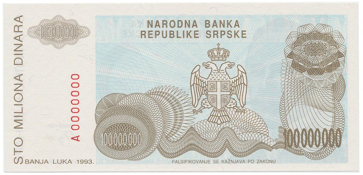 Bosna a Hercegovina, 100 Miliona Dinara 1993, anulát, A 0000000, P.154