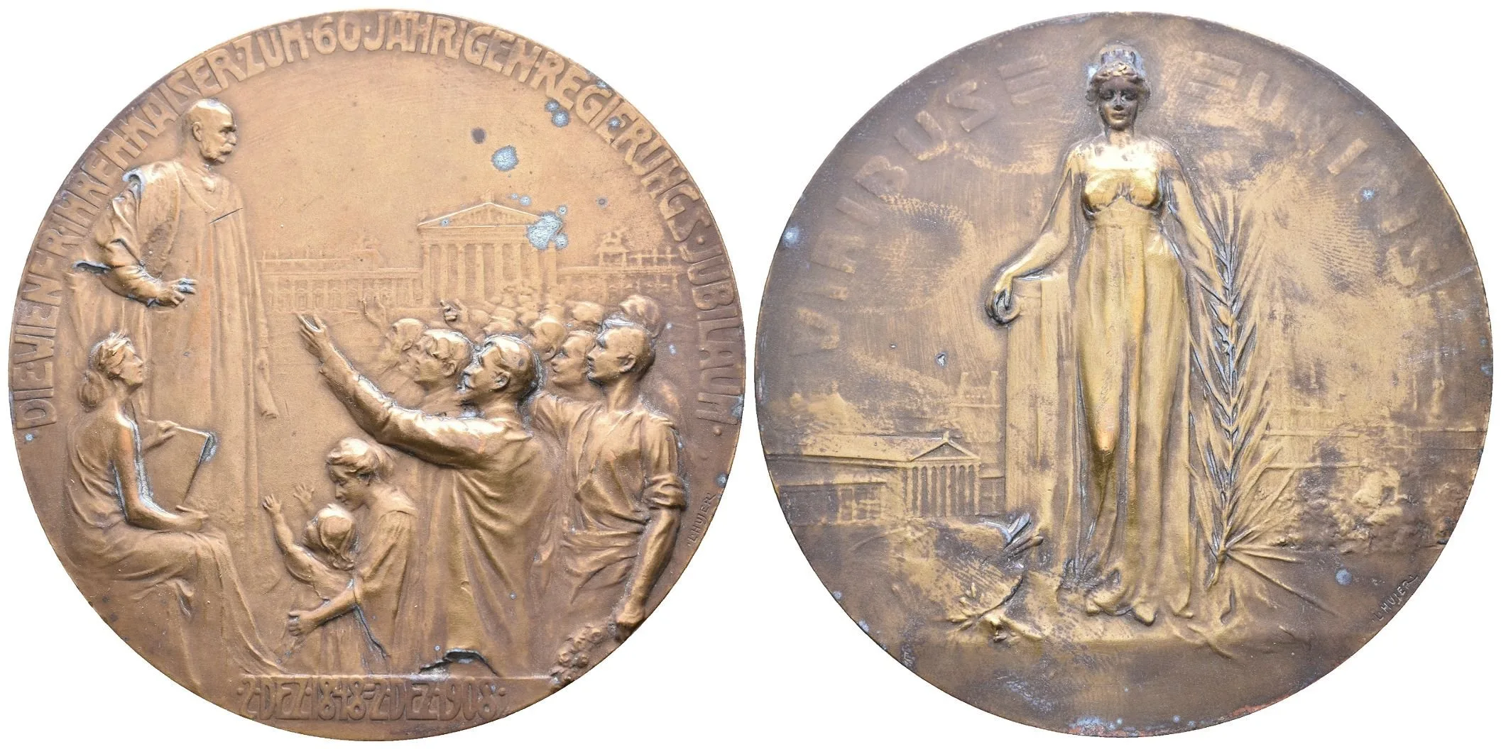 AE Medaile 1908 (L. Hujer) - K 60. výročí panování Františka Josefa I. Stojící císař před — 1