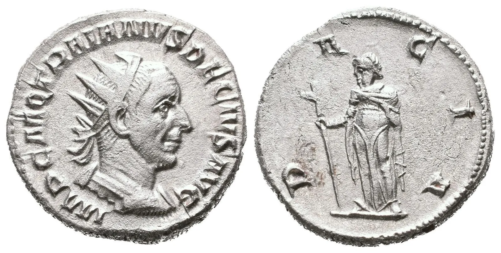 Antoninian, 249 - 251, Rv: DACIA, stojící Dacia zleva drží dlouhou hůl zakončenou — 1