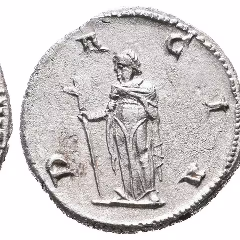 Antoninian, 249 - 251, Rv: DACIA, stojící Dacia zleva drží dlouhou hůl zakončenou