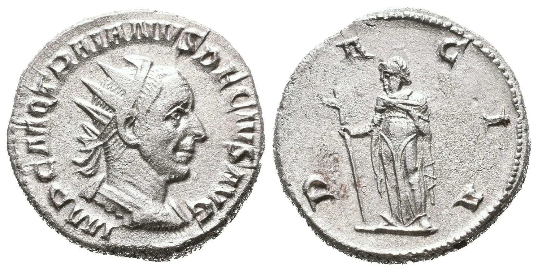Antoninian, 249 - 251, Rv: DACIA, stojící Dacia zleva drží dlouhou hůl zakončenou — 1