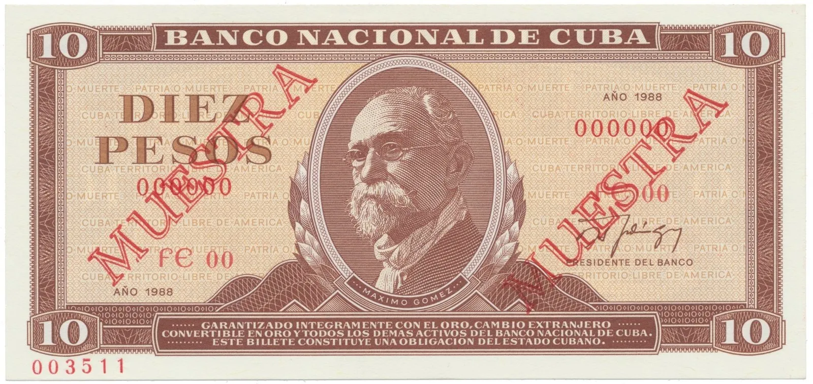 Kuba, 10 Pesos 1988, tisk STC Praha, anulát - 2x MUESTRA, bankovní vzor, P.104ds