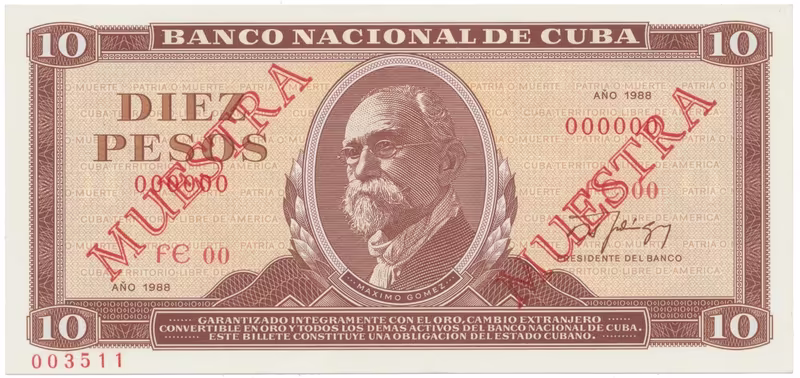 Kuba, 10 Pesos 1988, tisk STC Praha, anulát - 2x MUESTRA, bankovní vzor, P.104ds