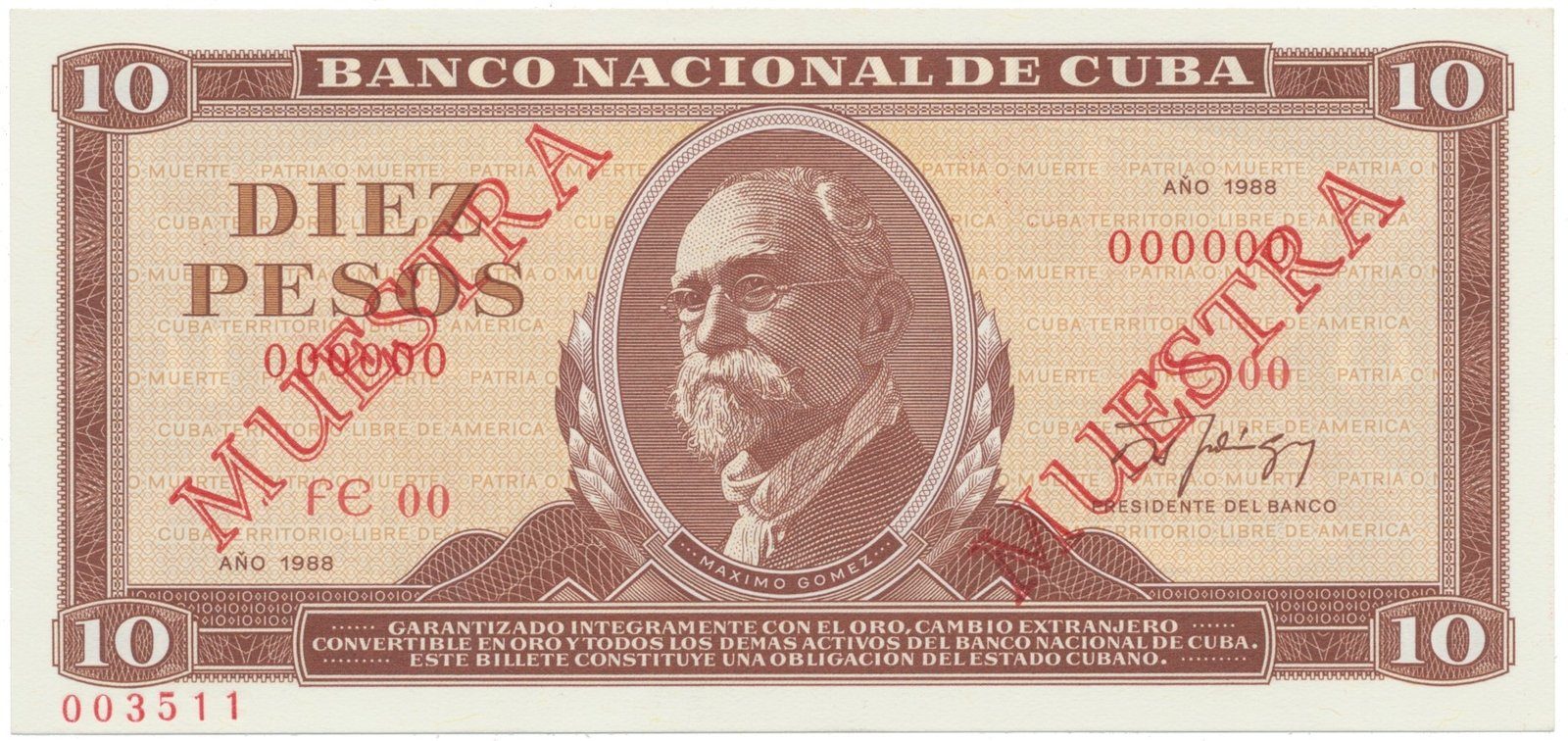 Kuba, 10 Pesos 1988, tisk STC Praha, anulát - 2x MUESTRA, bankovní vzor, P.104ds