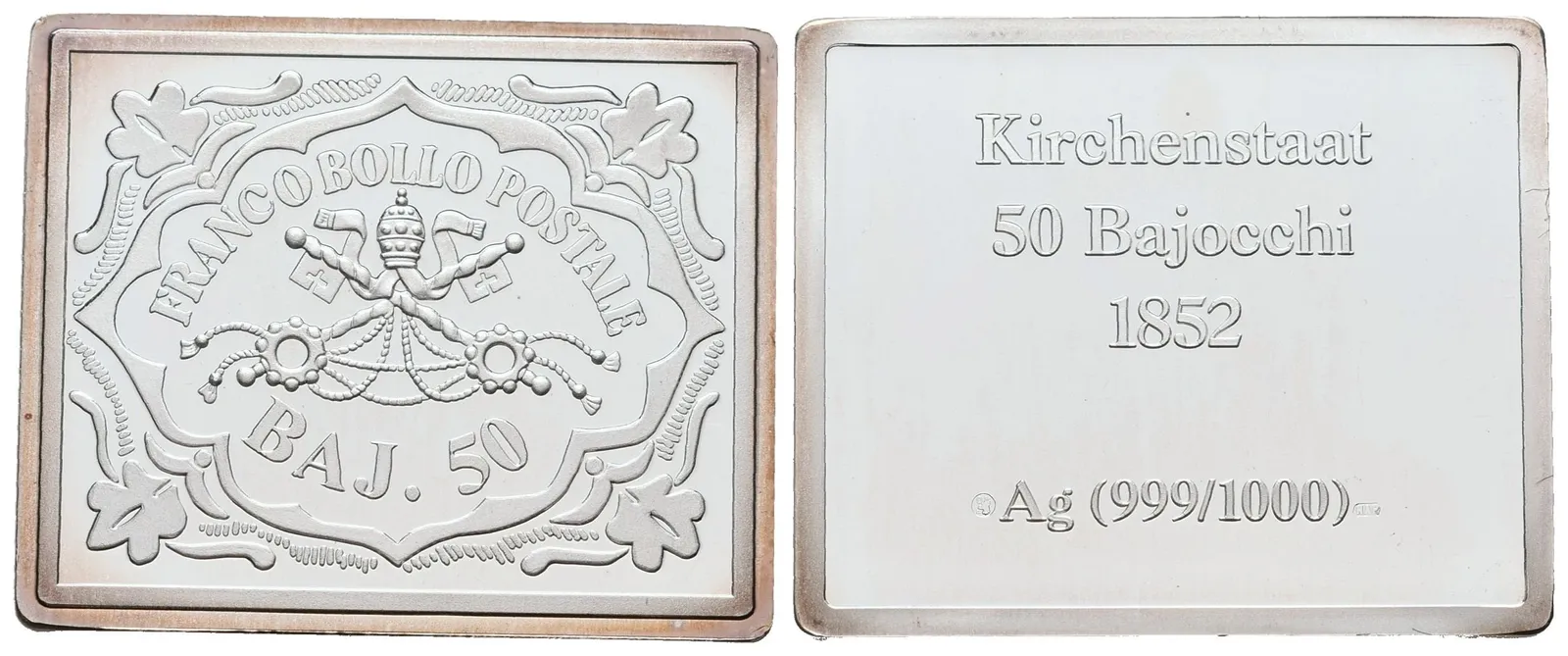 Stříbrná známka - 50 Bajocchi Církevního státu z roku 1852 - Ag 10 g - 999/1000