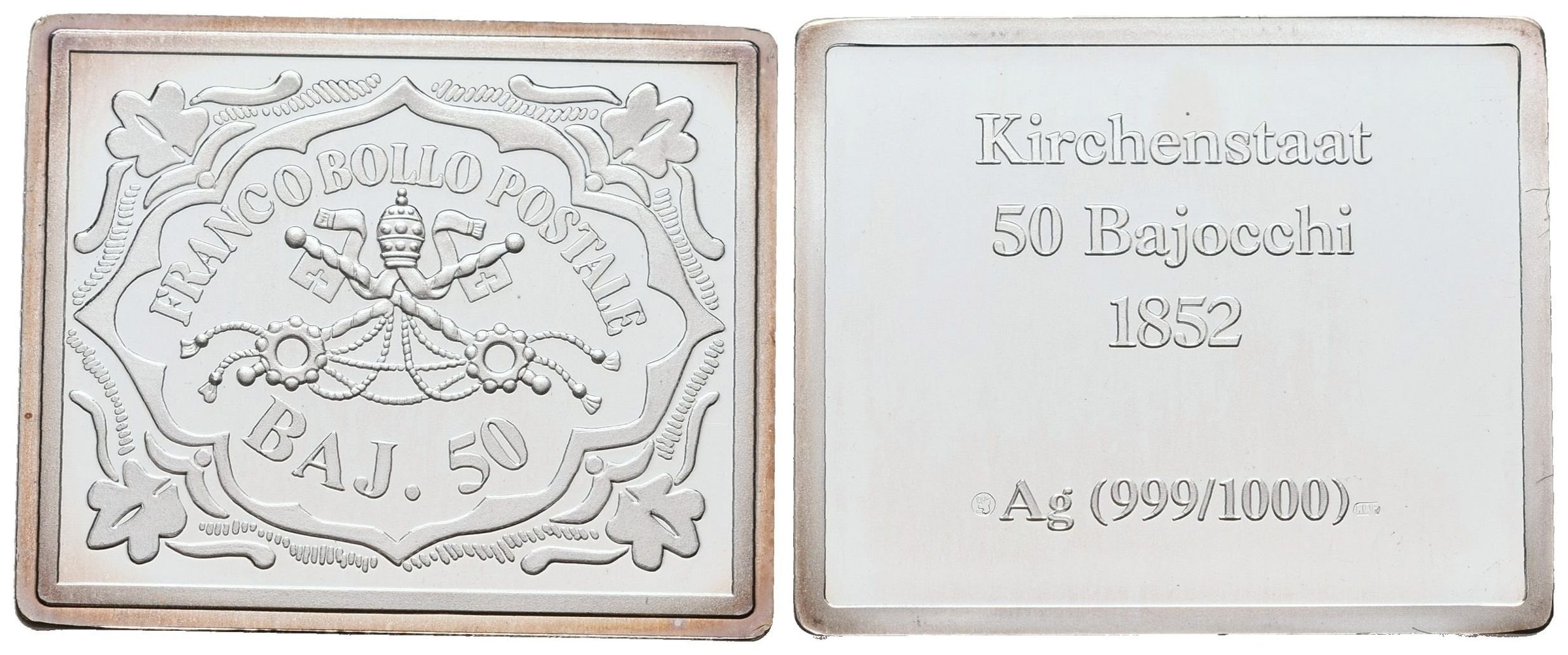 Stříbrná známka - 50 Bajocchi Církevního státu z roku 1852 - Ag 10 g - 999/1000
